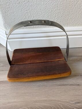 Rustic Wooden wine barrel table decor or charcuterie Board with Metal Handle